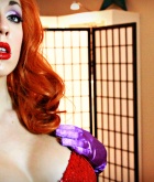 Kayla Kiss, redhead, strip, nude, busty, halloween, Jessica Rabbit
