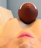 Kayla Kiss, brunette, strip, nude, busty, panties, football