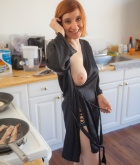 Chelsea Bell, redhead, strip, nude, busty, bacon, pancakes, cook