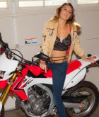 Britta, blonde, strip, nude, busty, panties, motorbike, tools
