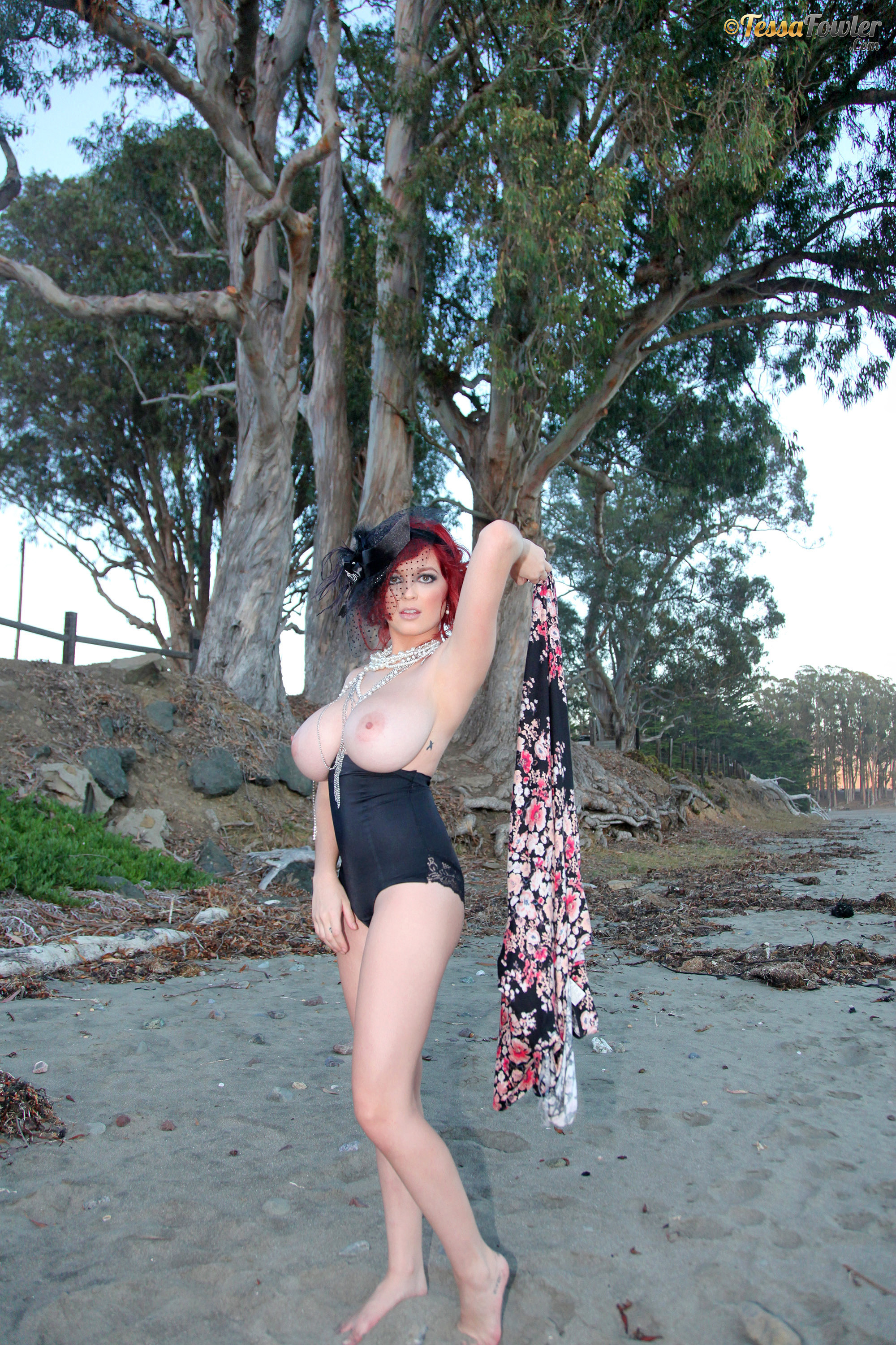 Tessa Fowler, busty, beach, topless, redhead