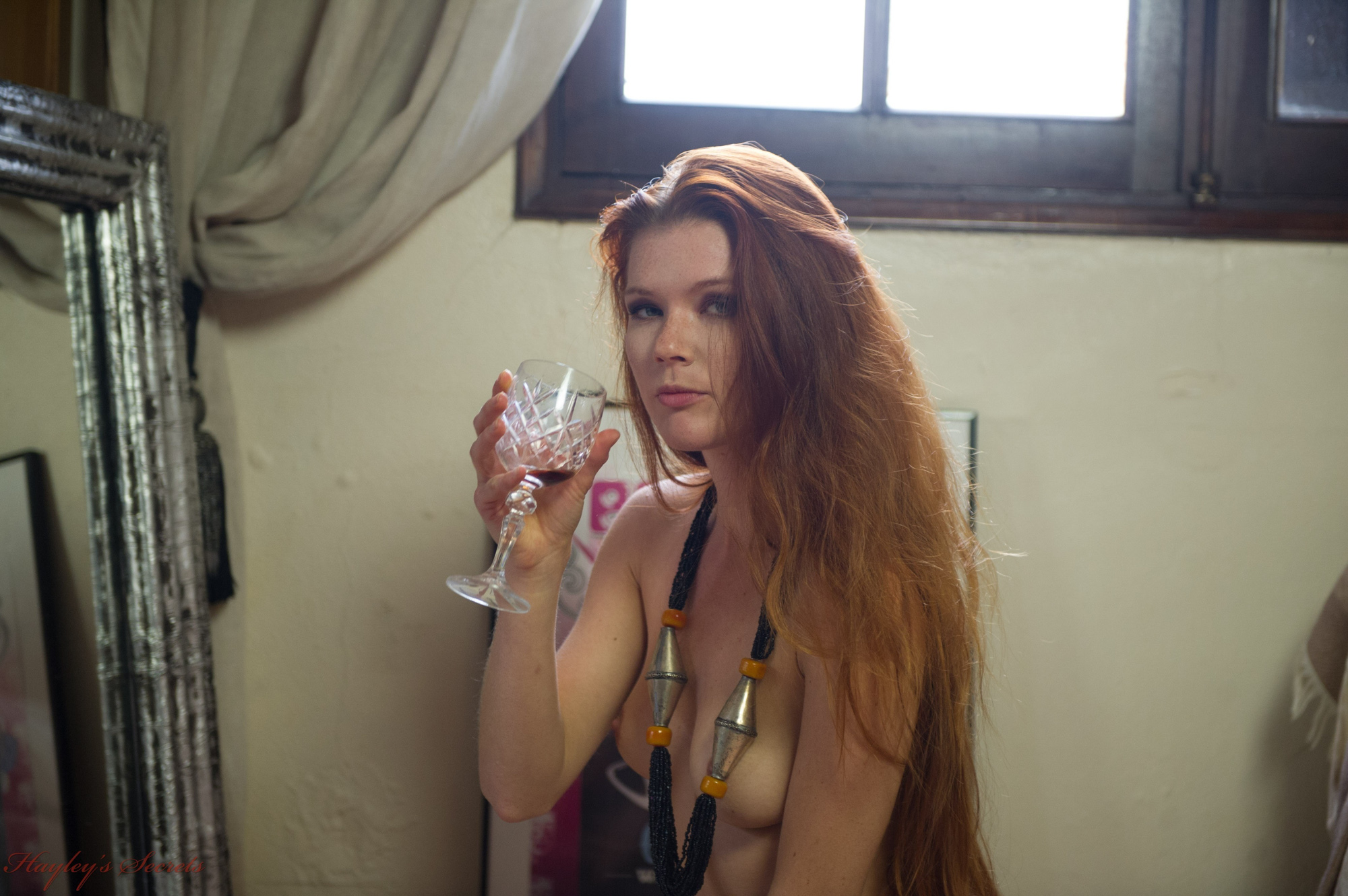Mia Sollis, redhead, trimmed, wine, strip, naked, heels, couch