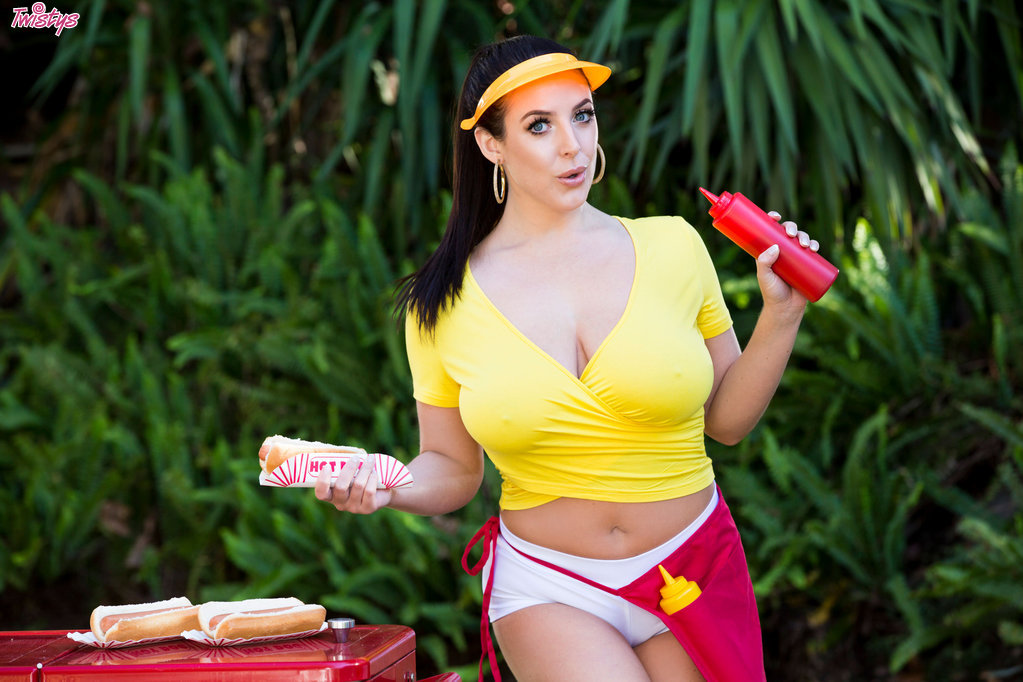 Angela White, nude, busty, ass, strip, barbecue, hot dog