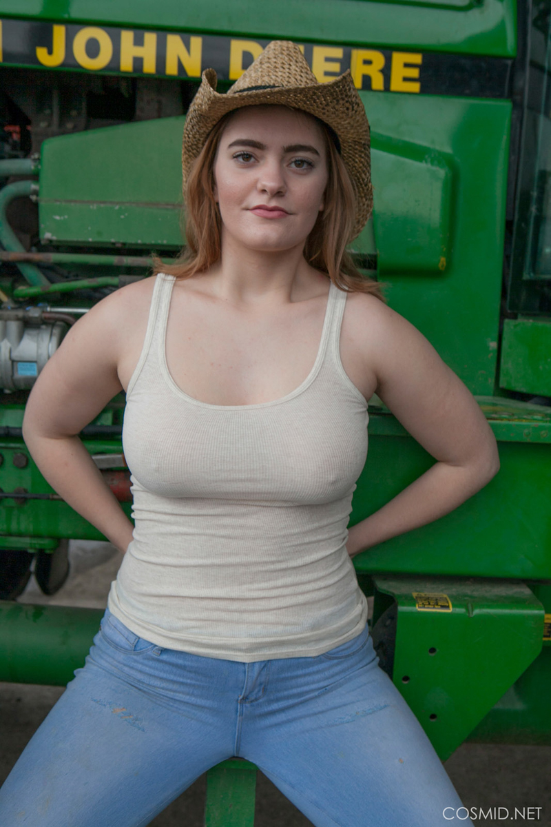 Dallin Thorn, brunette, nude, busty, ass, jeans, tractor