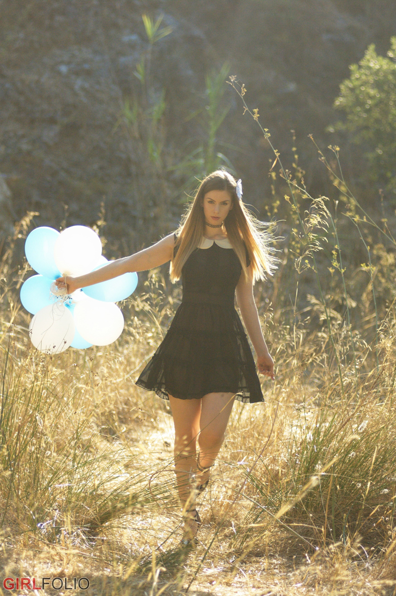 Stella Cox, brunette, naked, shaved, outdoors, balloons, heels