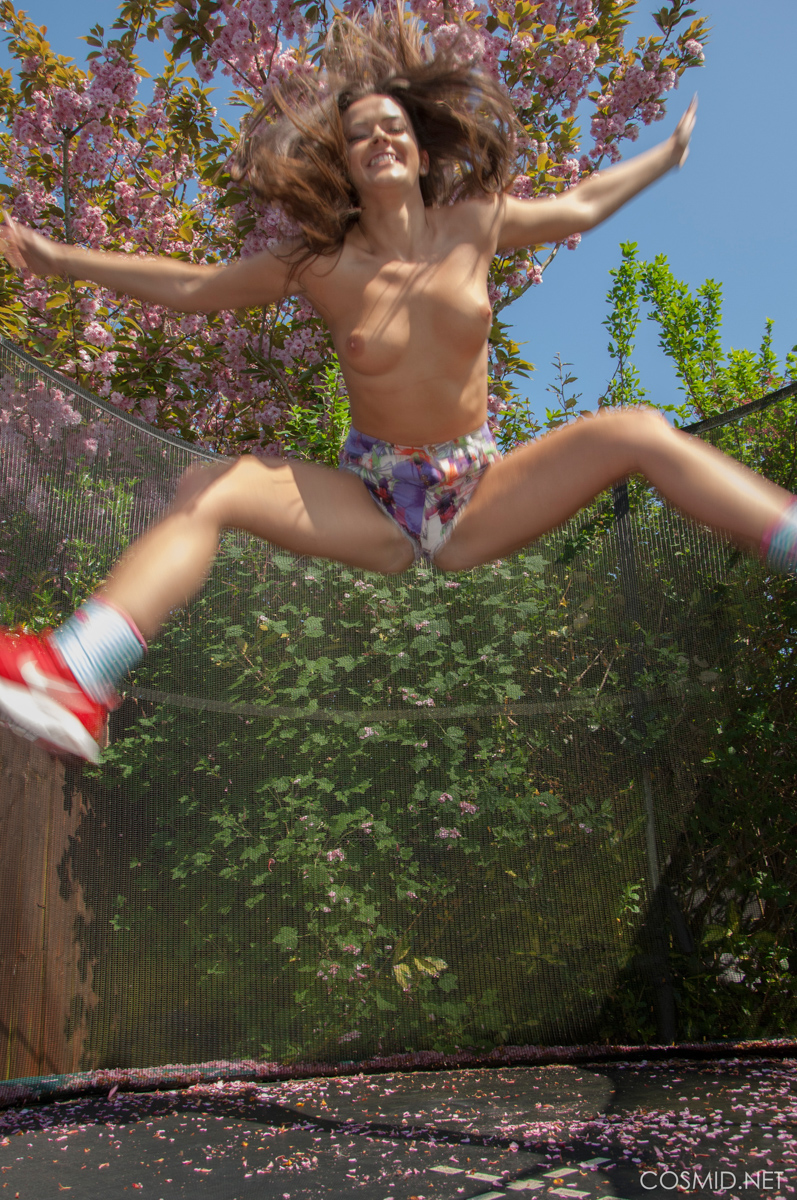 Brook Wright, brunette, topless, ass, thong, trampoline, jump