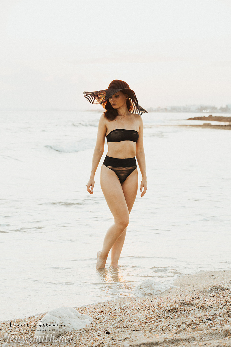 Jeny Smith, brunette, naked, trimmed, see through, beach, sea, hat
