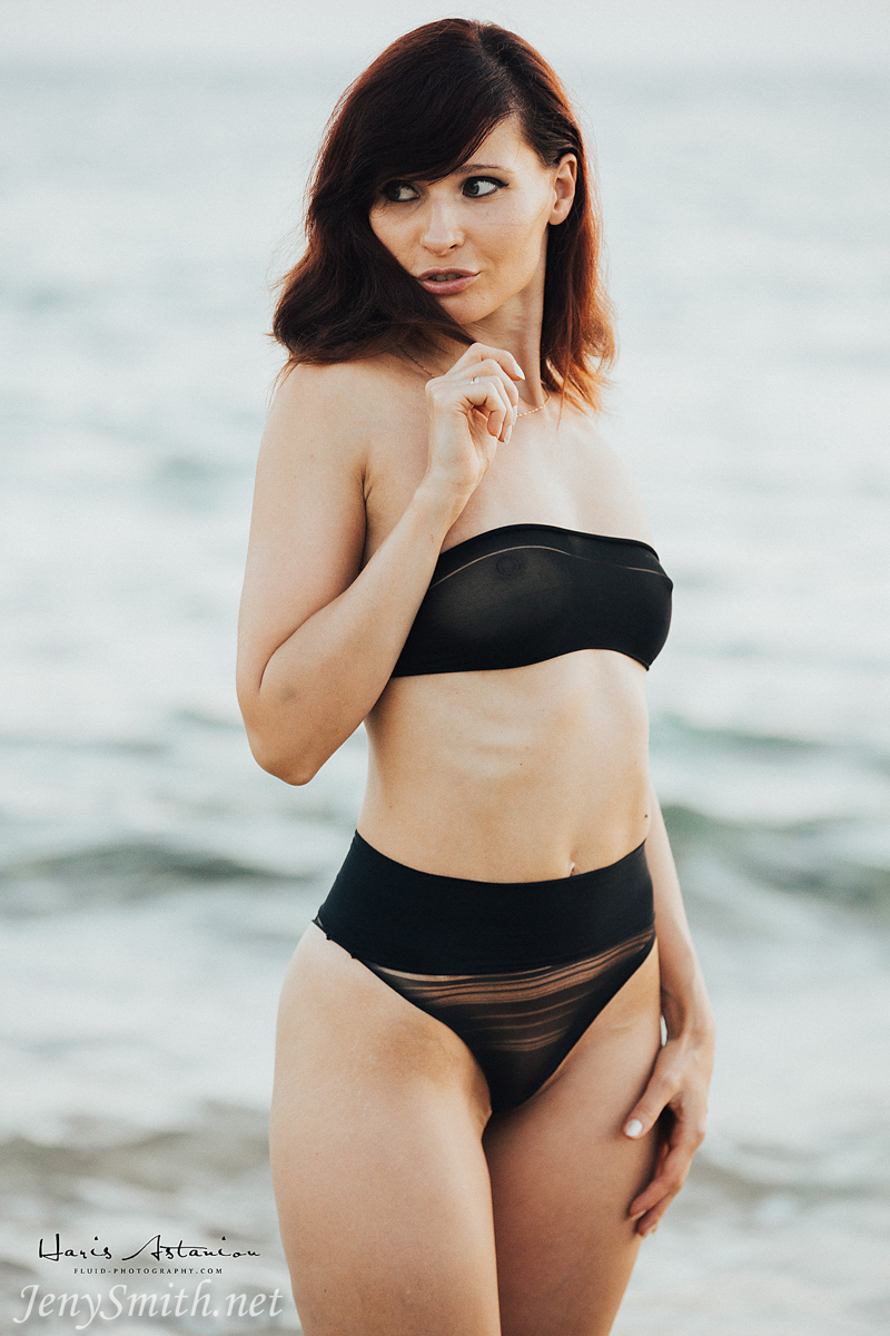 Jeny Smith, brunette, naked, trimmed, see through, beach, sea, hat