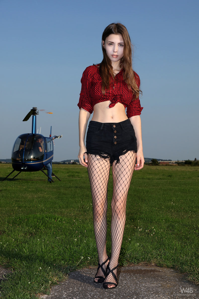 Mila Azul, brunette, naked, busty, strip, stockings, outdoors, helicopter