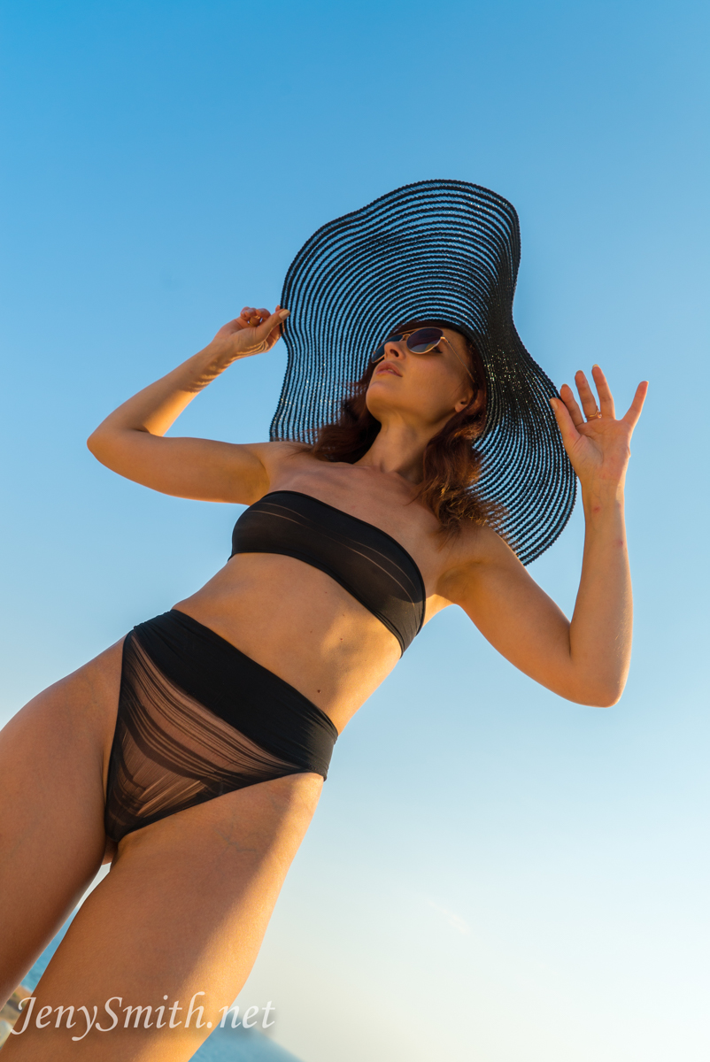 Jeny Smith, brunette, nude, see through, hat, shades, outside, thong
