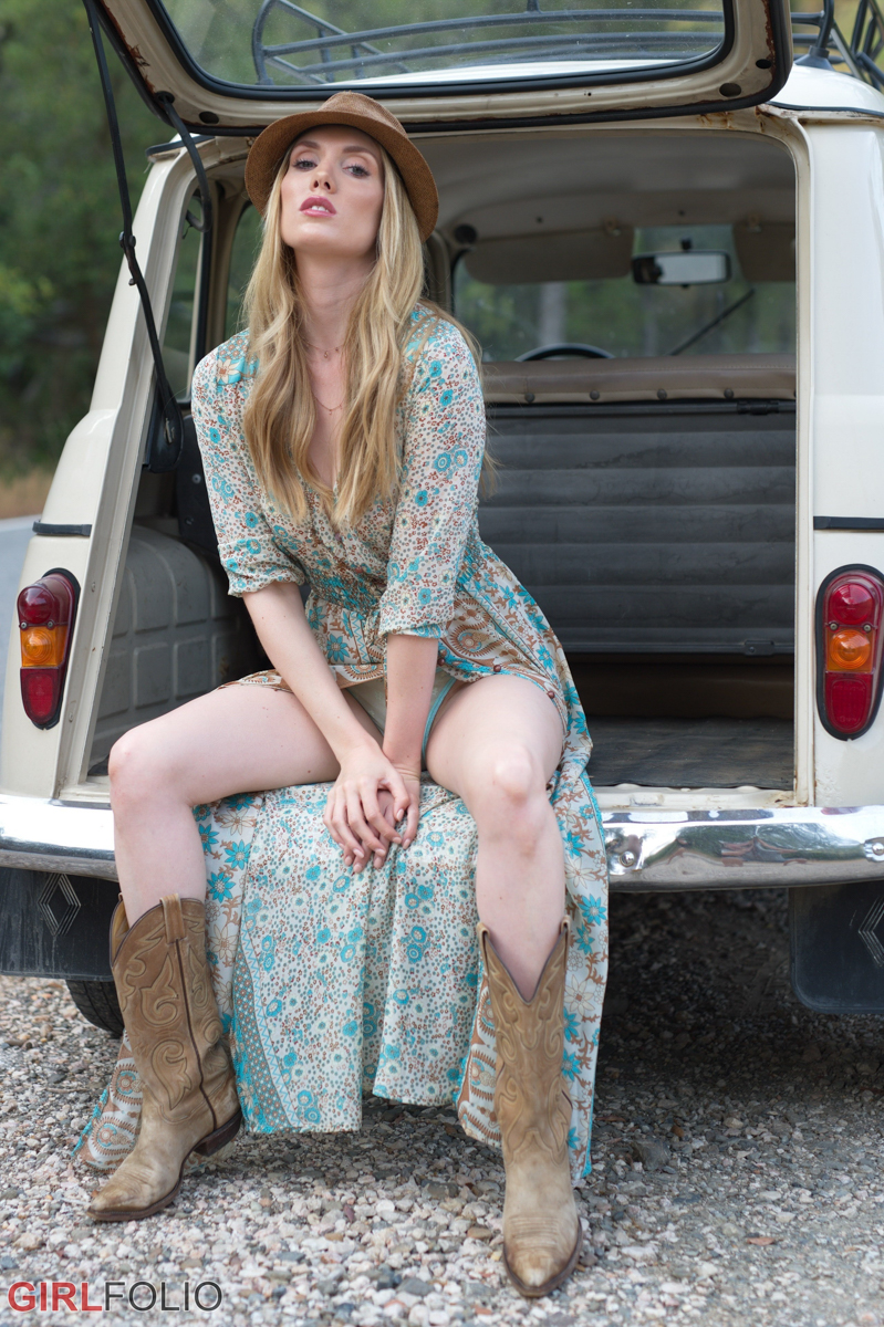 Anuska, blonde, topless, hat, outside, see through, camel toe, car, boots