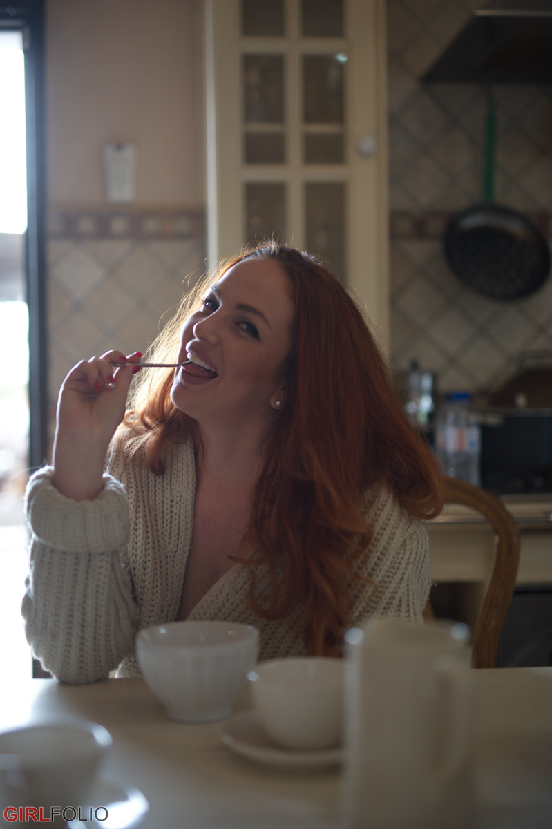 Kara Carter, redhead, naked, shaved, busty, kitchen, table