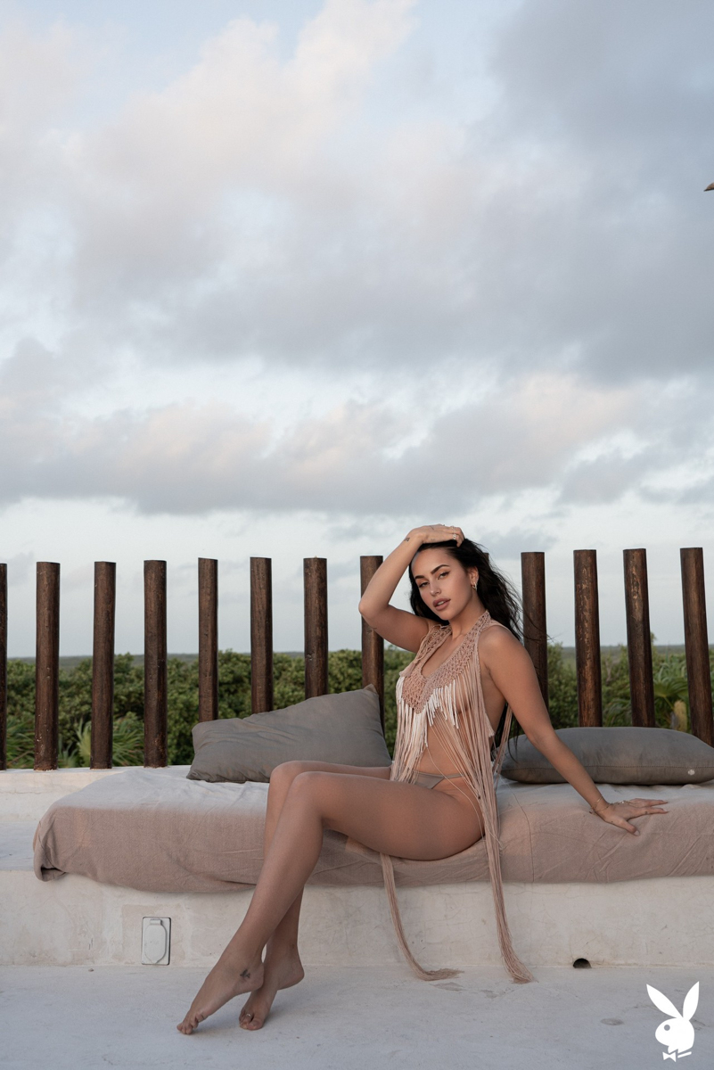 Claudia Tihan, brunette, topless, tan lines, outside, pose, photo shoot