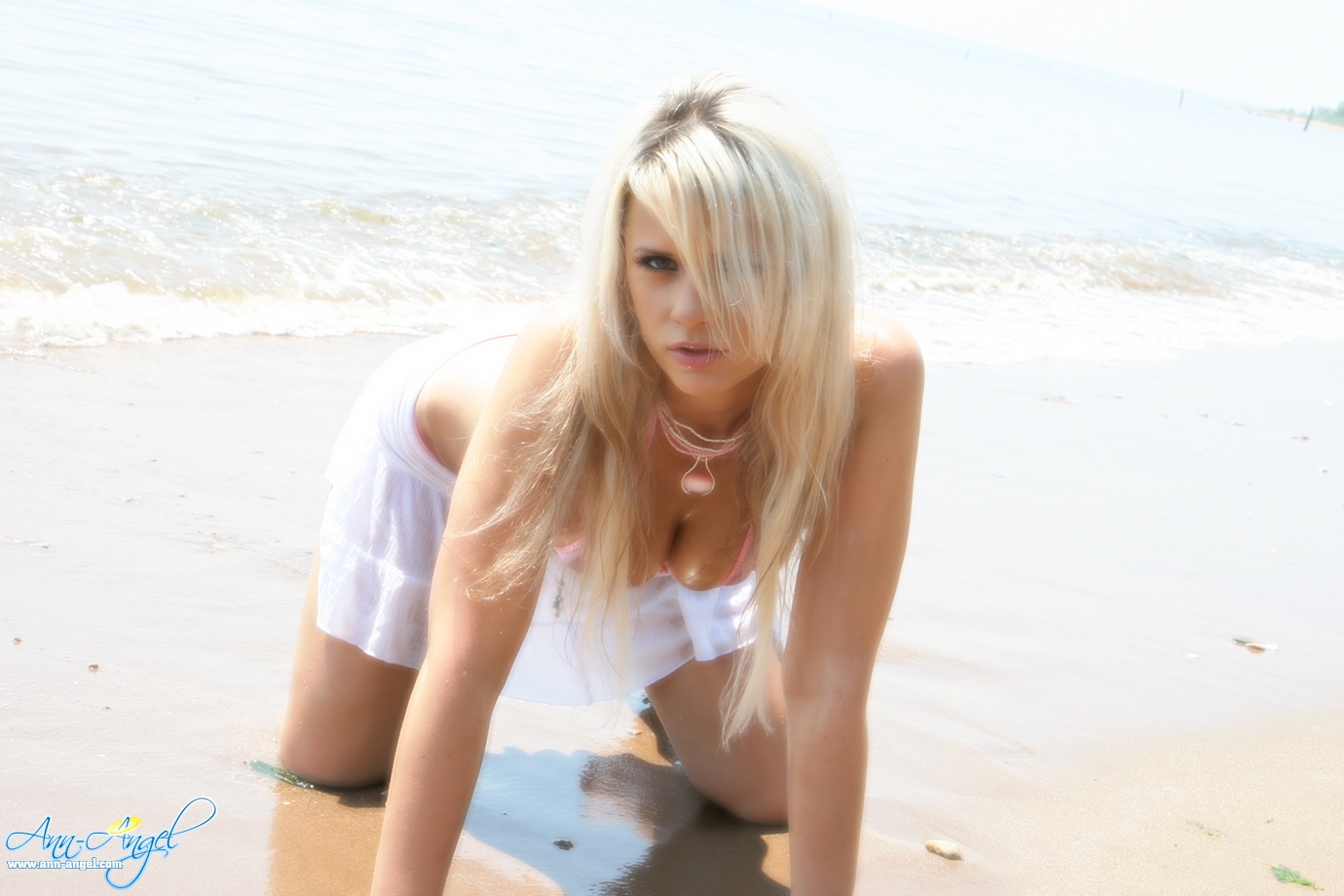 Ann Angel, blonde, bikini, see-through, beach, outdoors