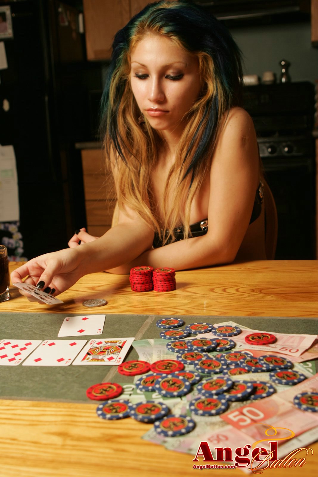 Angel Button, brunette, strip, poker, piercing, tattoo, oreo girl.