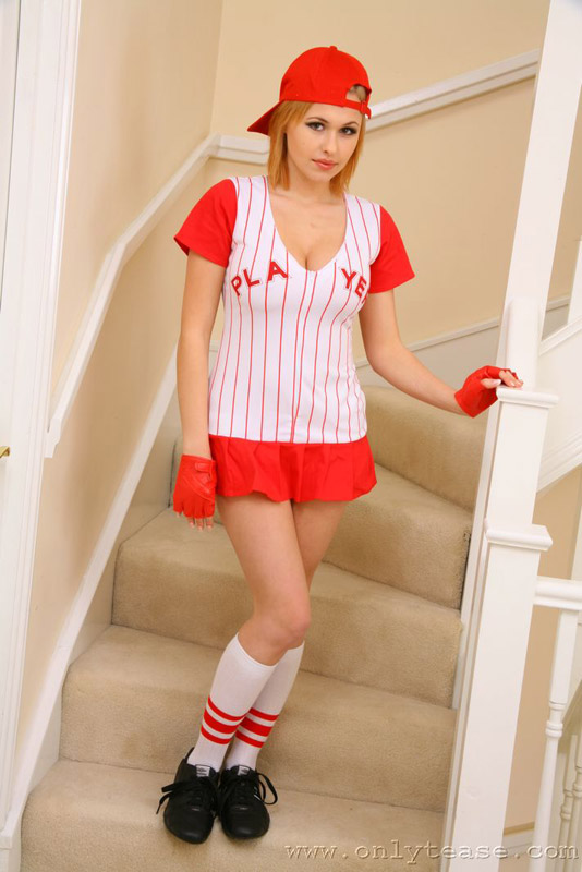Eva Wyrwal, blonde, strip, stairs, baseball, socks