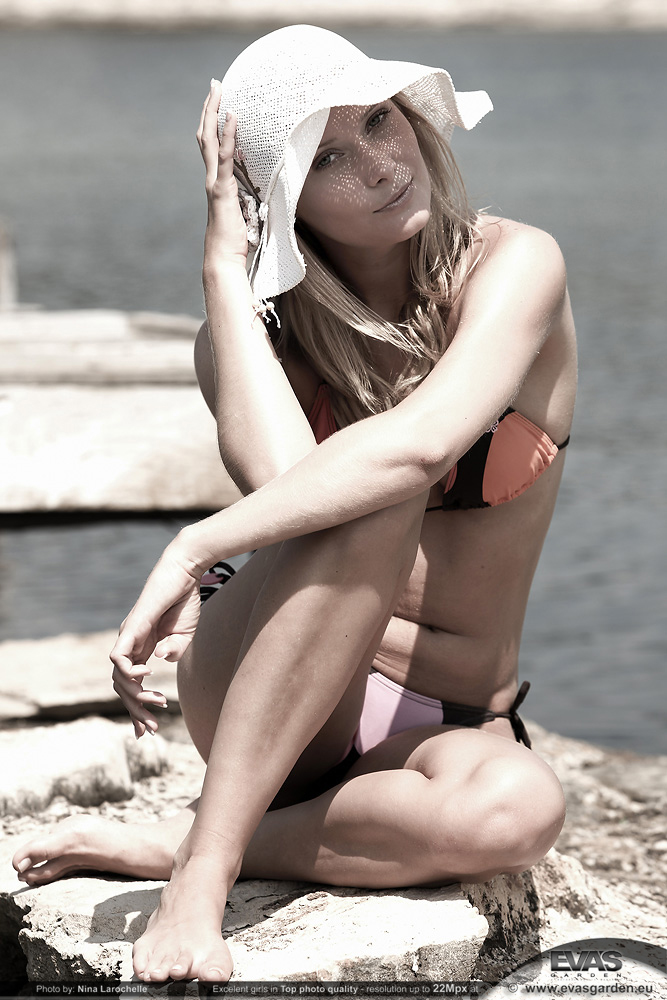 Deni, blonde, strip, outdoors, bikini, hat, pier, lake