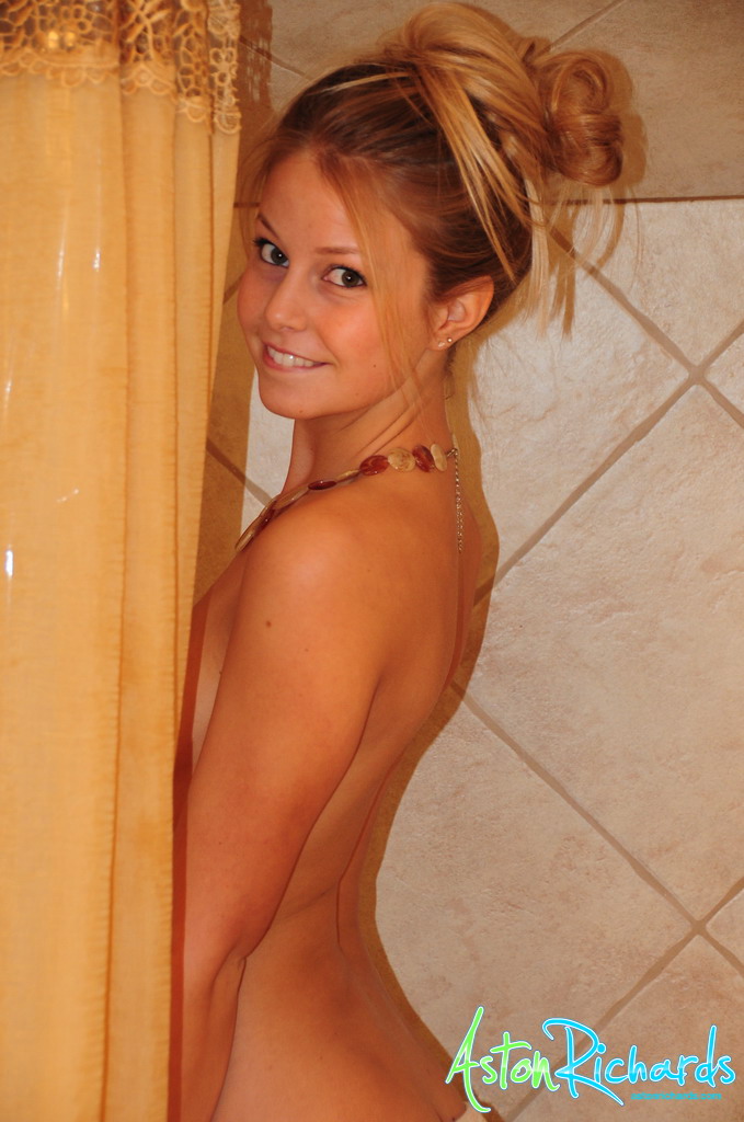 Aston Richards, blonde, nude, shower, towel, necklace