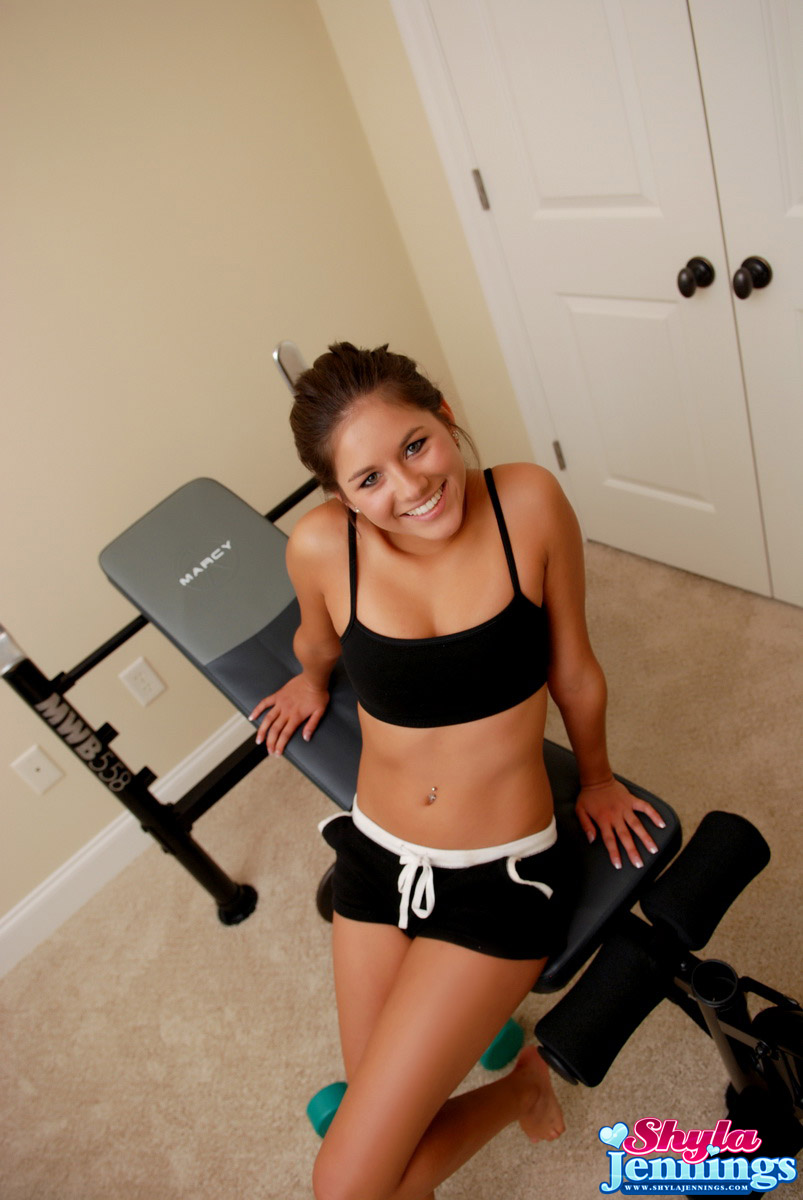 Shyla Jennings, brunette, strip, work out, weights