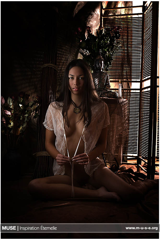 Valaria, brunette, necklace, see through, strip, candle
