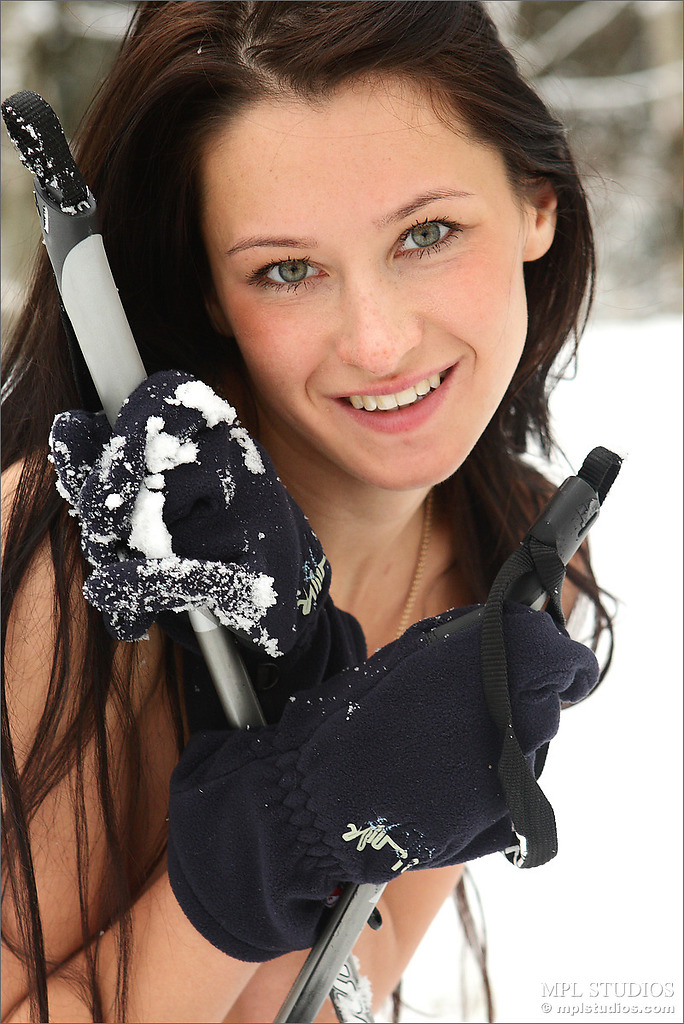 Maria, brunette, strip, ski, snow, cold, outdoors