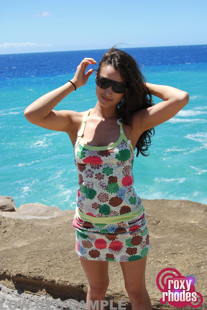 Roxy Rhodes, brunette, strip, sea, coast, sunglasses