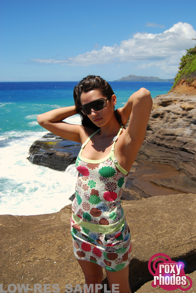 Roxy Rhodes, brunette, strip, sea, coast, sunglasses