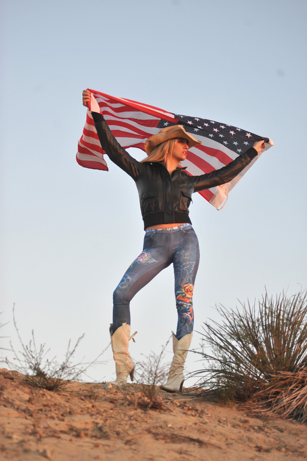 Jenny McClain, blonde, strip, truck, flag, hat