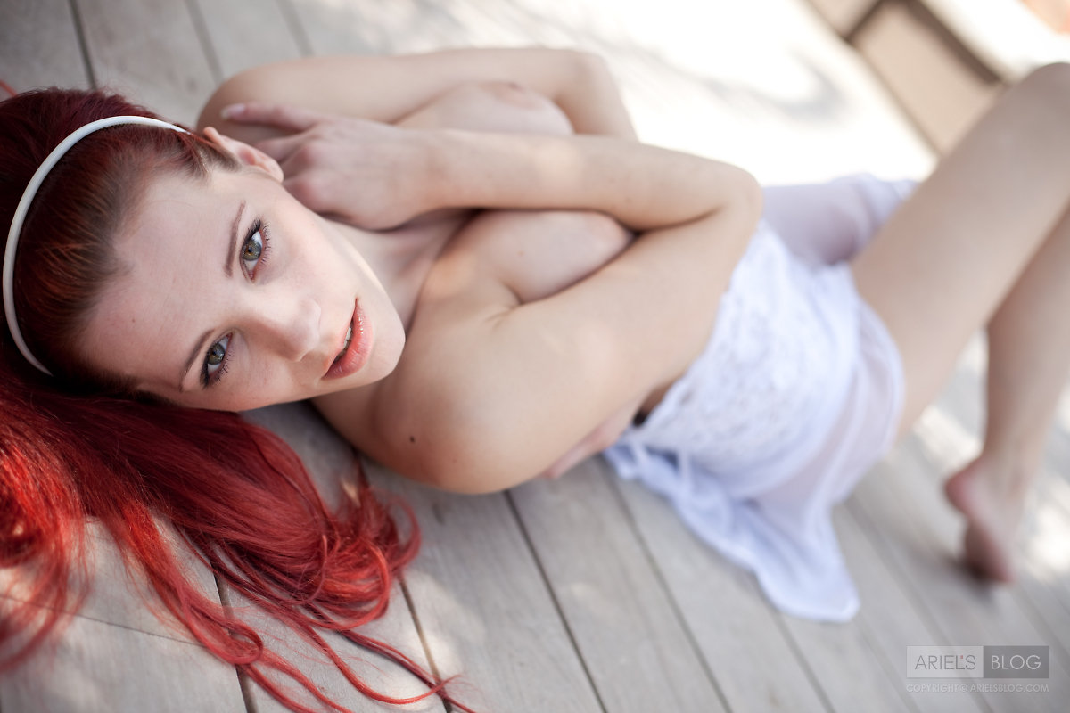 Gabriella Lupin, redhead, strip, negligee, outdoors