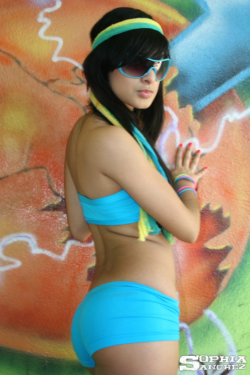 Sophia Sanchez, brunette, strip, thong, sunglasses