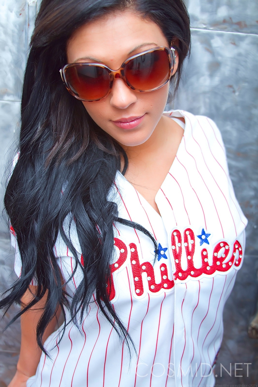 Trinity Vaughn, brunette, strip, Phillies, sunglasses