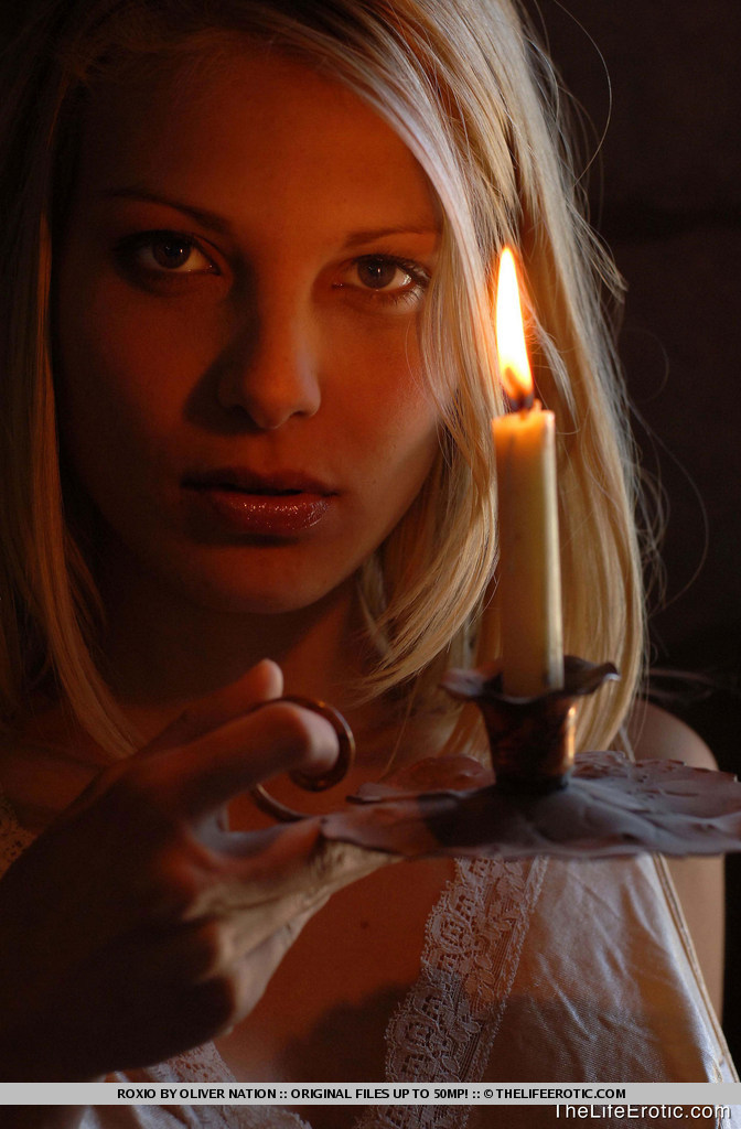 Roxio, blonde, strip, nude, candle, busty