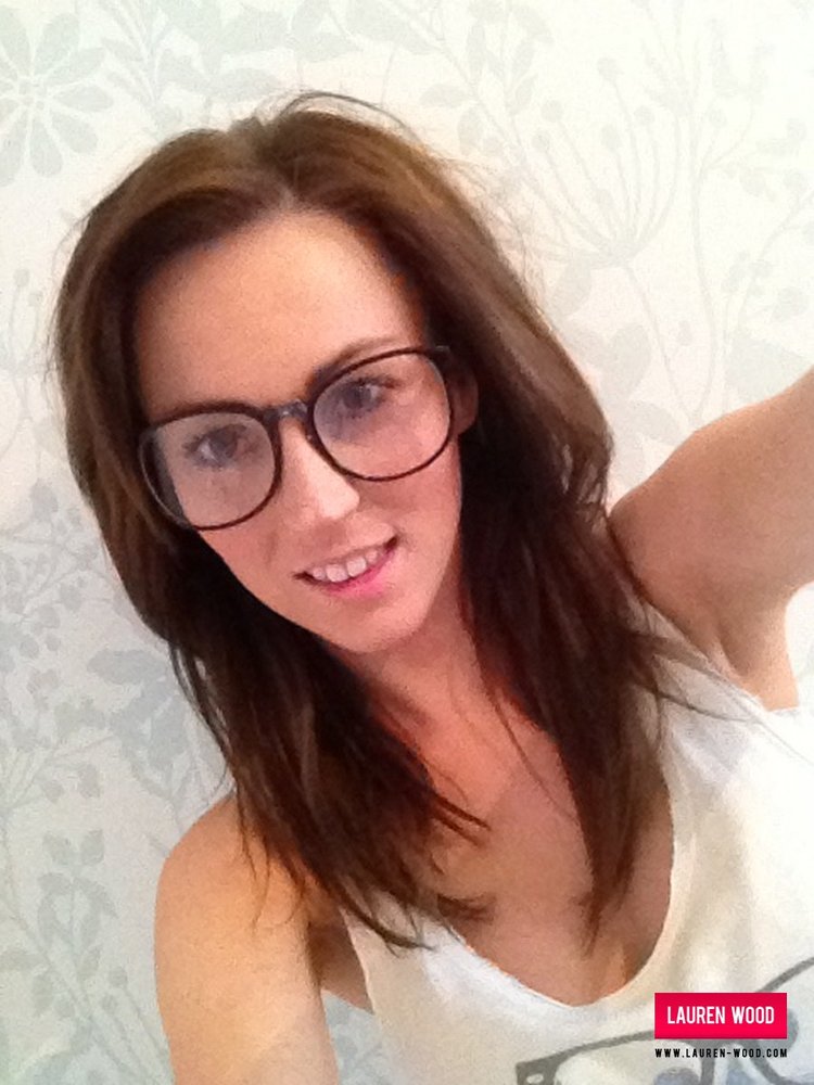 Lauren Wood, brunette, strip, topless, busty, self, glasses
