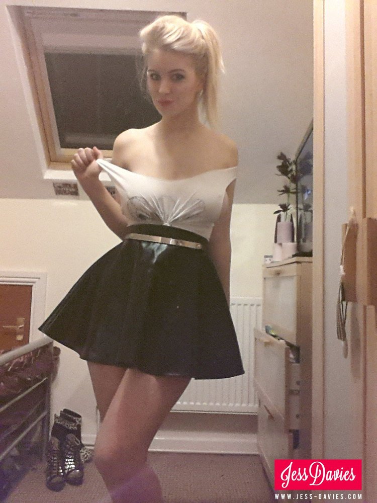 Jess Davies, blonde, strip, topless, busty, self, skirt