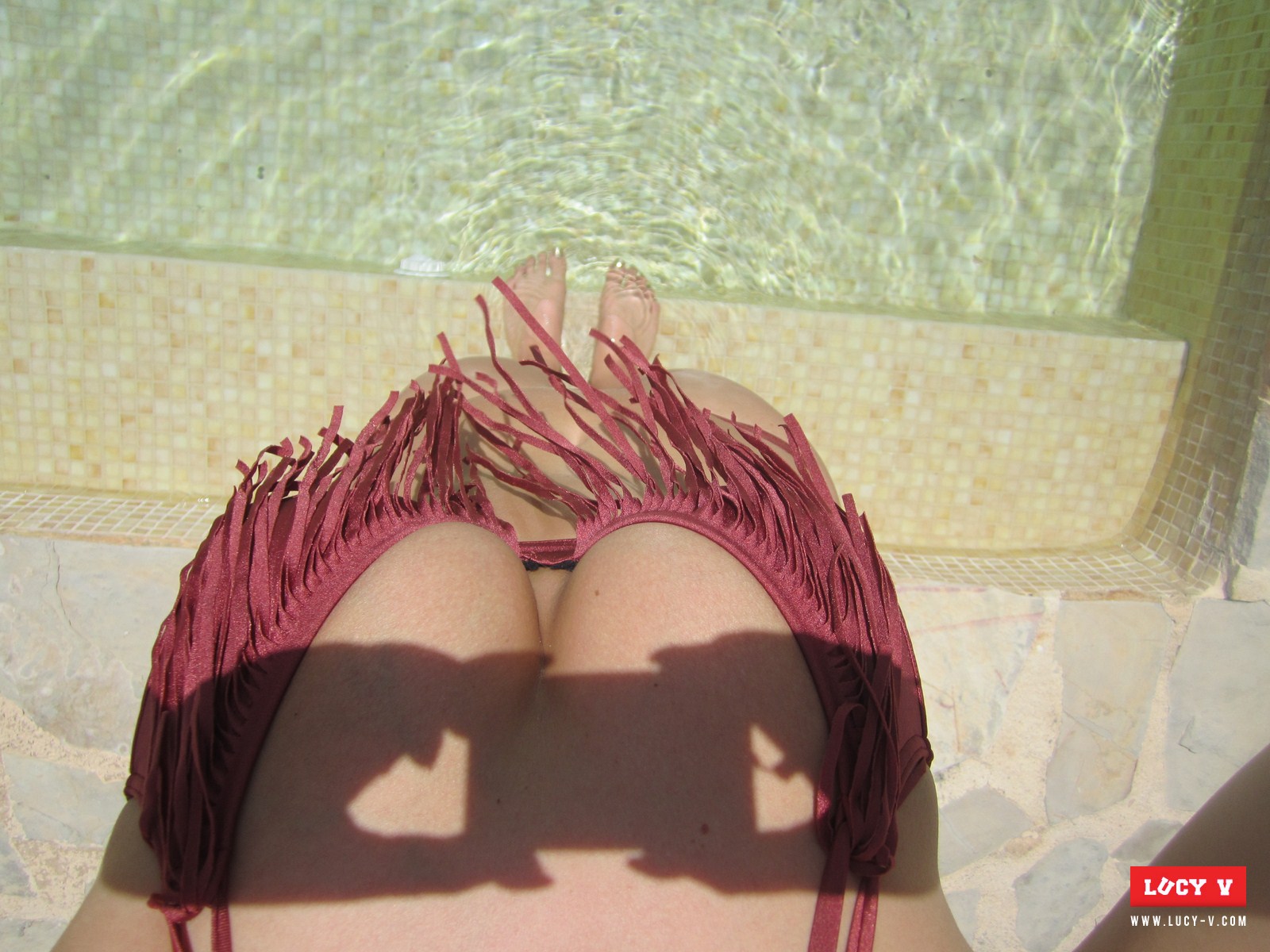 Lucy Vixen, redhead, strip, topless, busty, self, pool