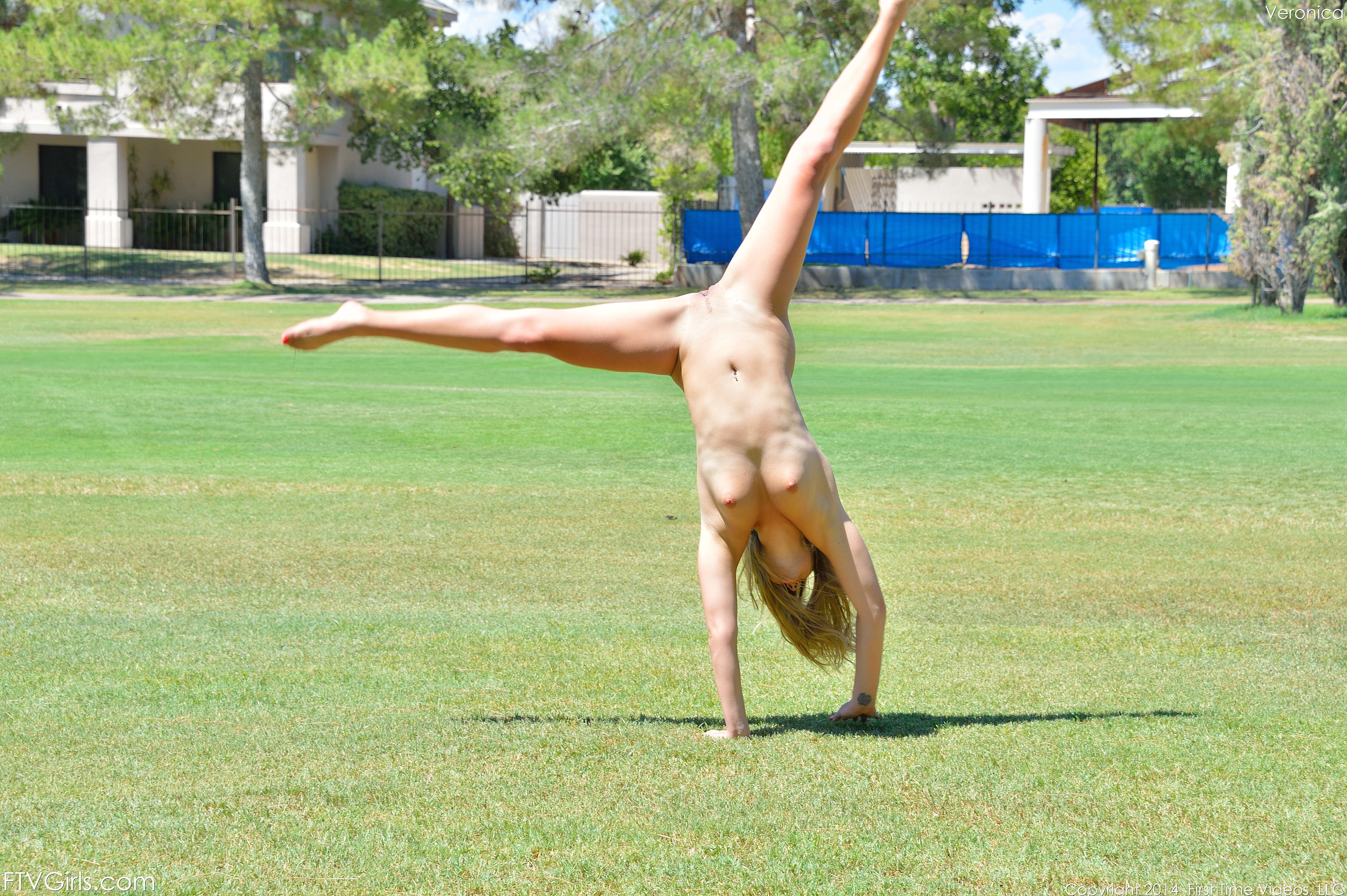 Veronica, blonde, strip, nude, cartwheels, outdoors