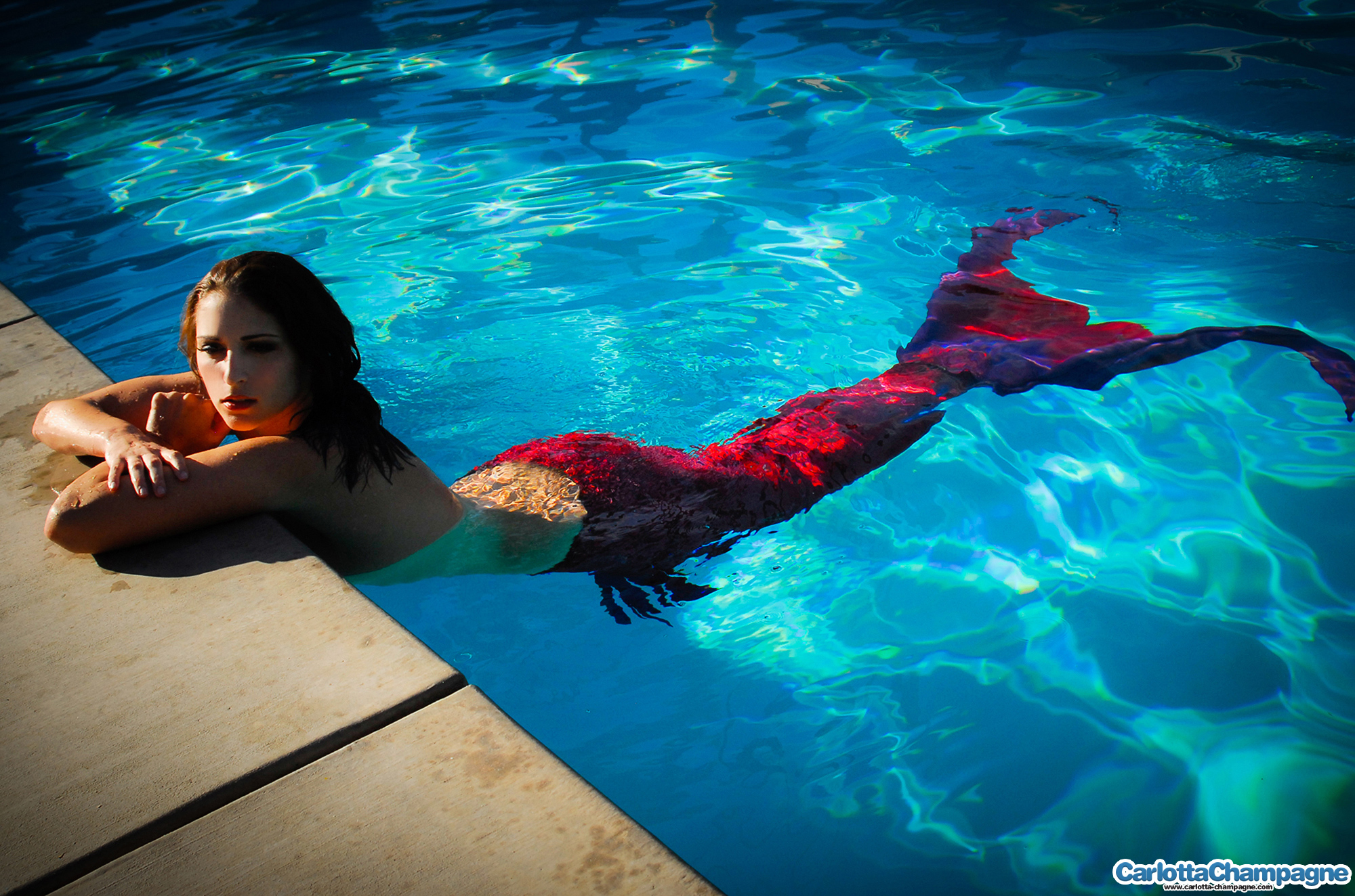 Carlotta Champagne, brunette, strip, nude, mermaid