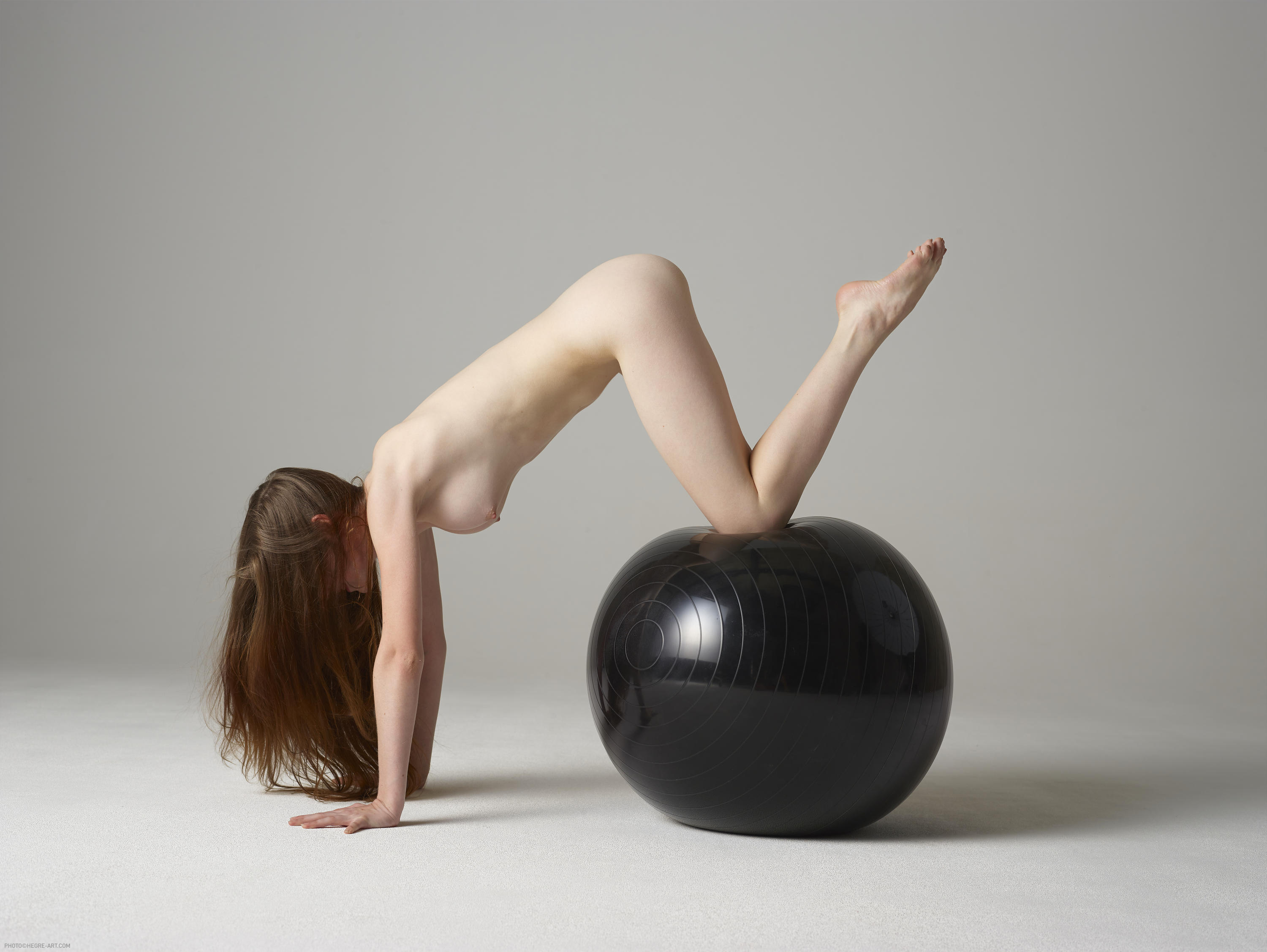 brunette, nude, boobs, exercise, ball, pose