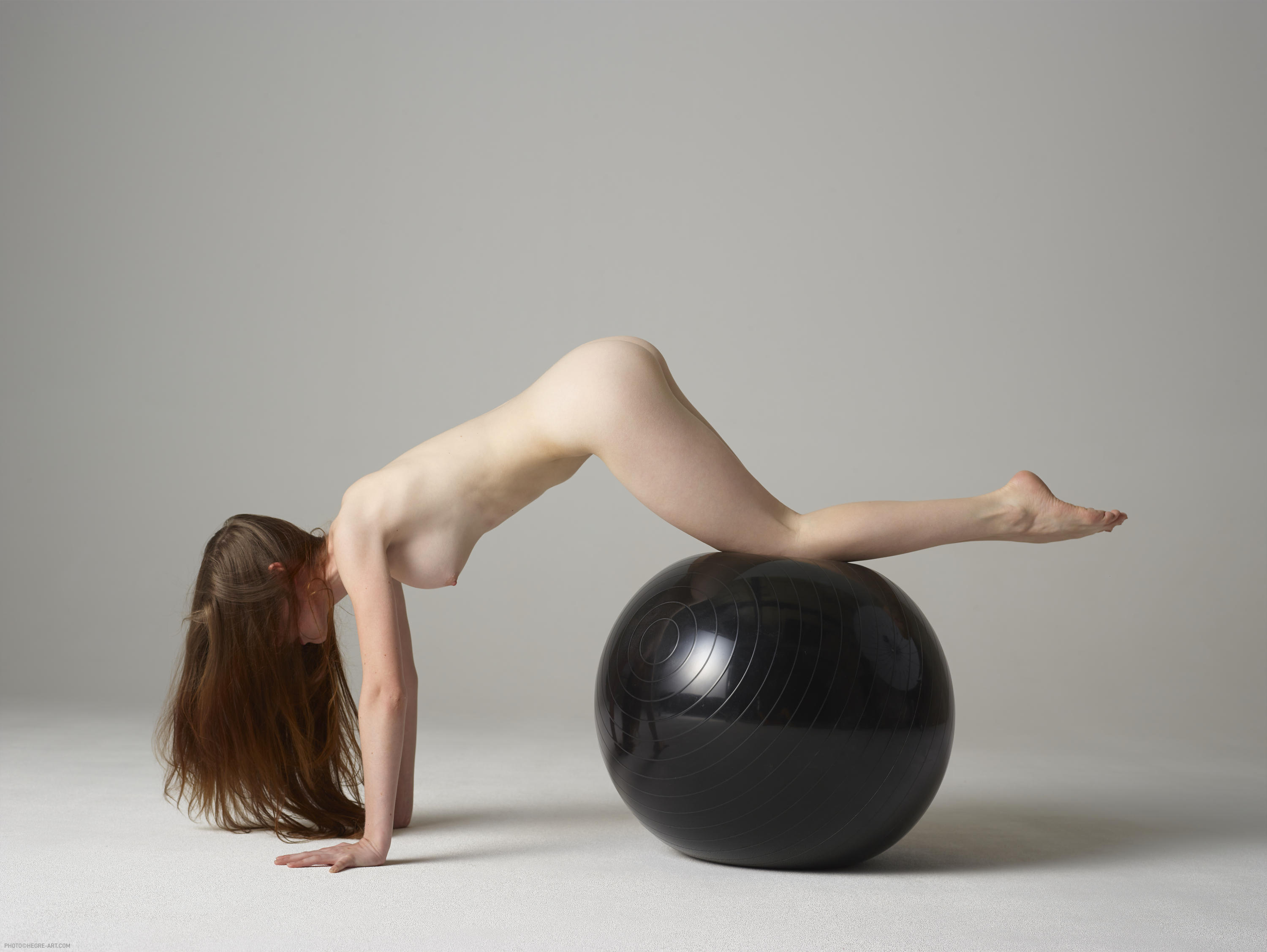 brunette, nude, boobs, exercise, ball, pose