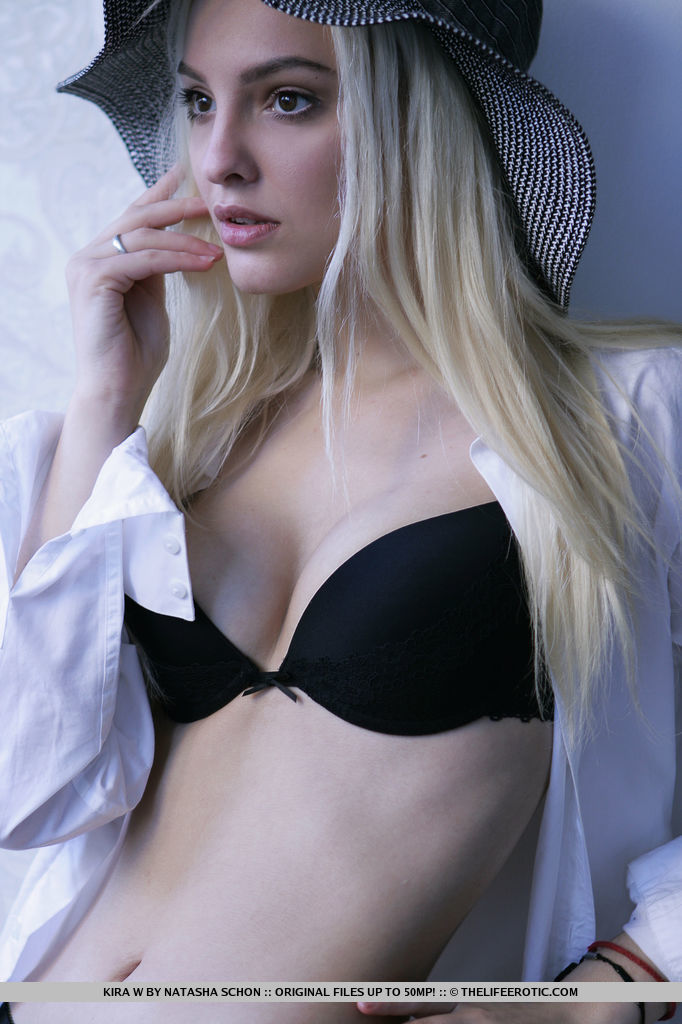 Kira W, blonde, strip, nude, perky, hat, lingerie
