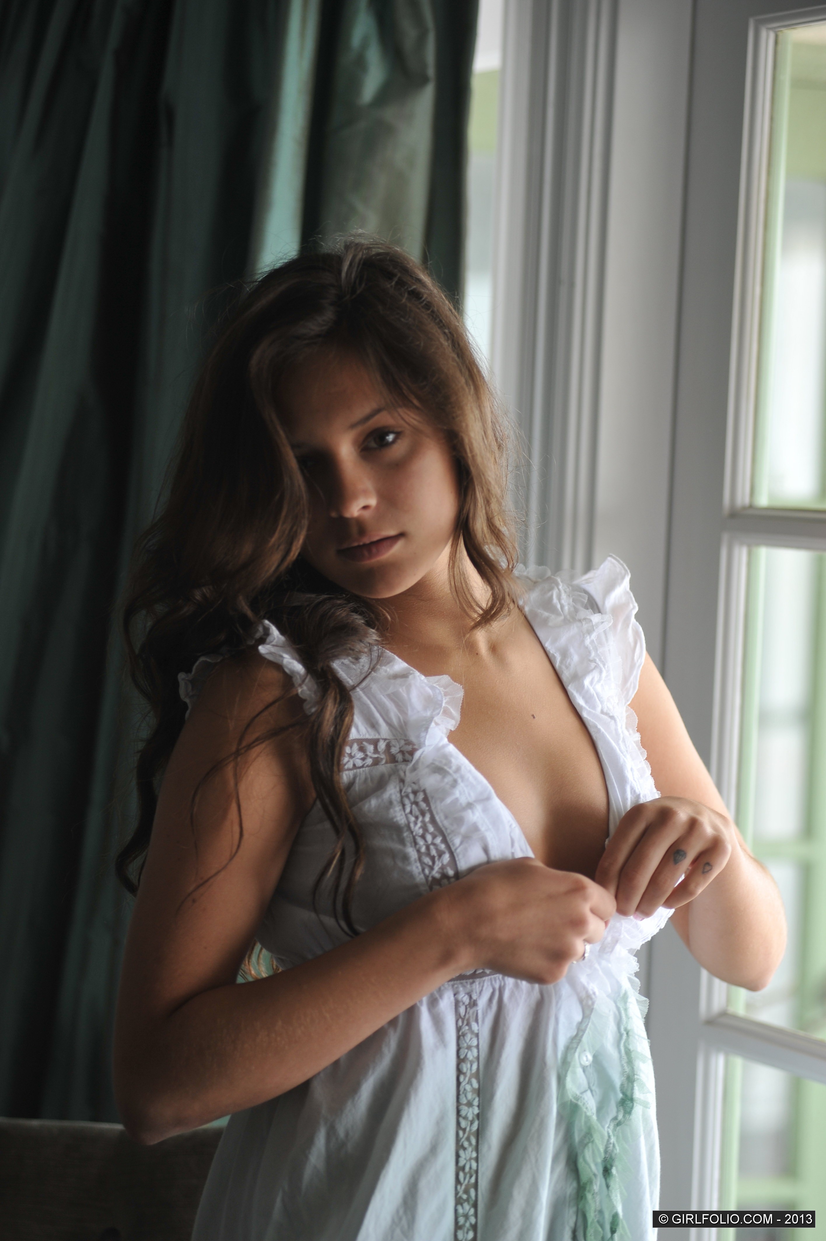 Nina James, brunette, strip, nude, boobs, window, balcony
