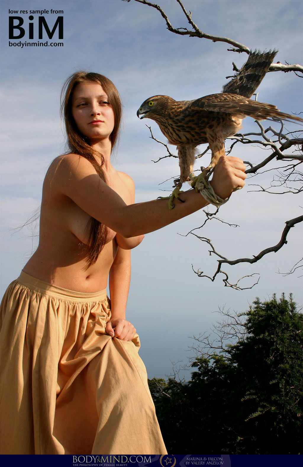 Marina, busty, brunette, topless, falcon, outdoors